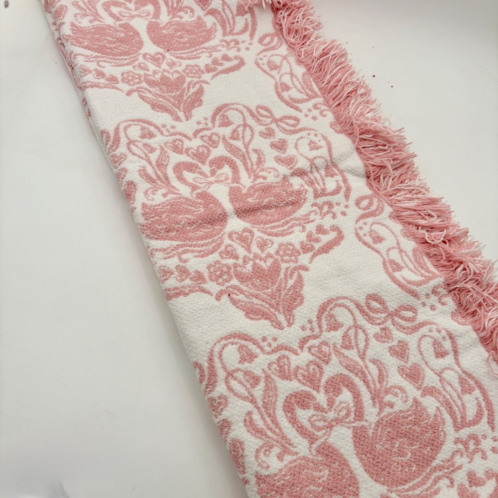 Shabby Chic Pink White Swan Damask Fringe Decorative Throw Blanket 50x70 NWT